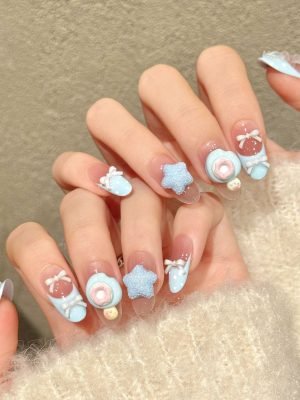 yihe w series [blue sweet star knot] pink and blue gradient donut nail art soft and cute handmade wearable nail wholesale