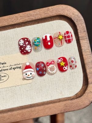 yihe wearing nail [christmas snow night] snowman pinching cute three dimensional hand painted christmas atmosphere short nail art piece