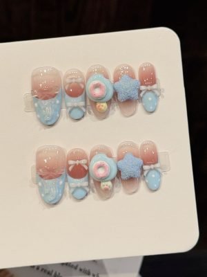 yihe w series [blue sweet star knot] pink and blue gradient donut nail art soft and cute handmade wearable nail wholesale