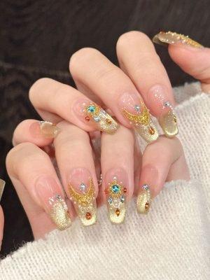 yihe's original [gold diamond gilded] pink gold gradient wearable armor gilt diamond decoration long and short light luxury nail patches