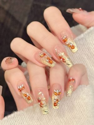 yihe original [pink gold flower] pink transparent gold glitter flower decoration nail patch multi nail type handmade wearable nail wholesale