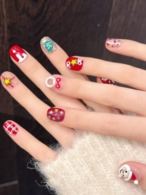yihe wearing nail [christmas snow night] snowman pinching cute three dimensional hand painted christmas atmosphere short nail art piece