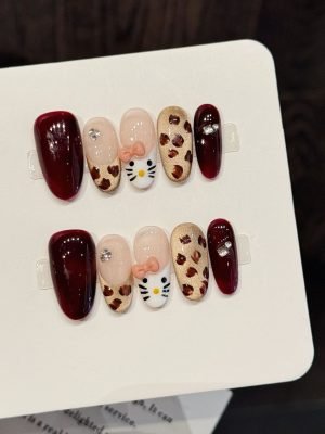 yihe w series [scarlet meow leopard sweet] burgundy leopard print kitty wearing nail sweet autumn and winter nail patches