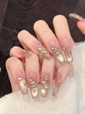 yihe original [golden diamond pink branch] pink gold gradient hand worn nail branch vine long and short light luxury nail patch
