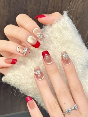 yihe original [red fragrance] red gold diamond pure handmade nail champagne short square oval nail patch